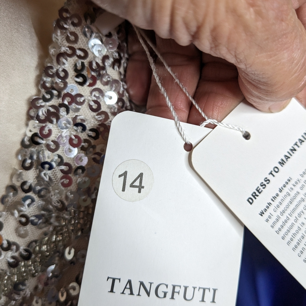 Tangfuti Cocktail Dress size 14 NWT Blue White Sequin Lined A-line Princess V-1 - Picture 5 of 13